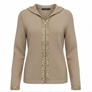 Like New Sarah Spencer Taupe Gold Sequin Zip Hoodie Cardigan Small Wool